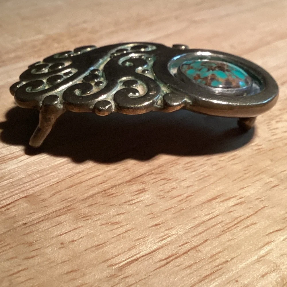 K Dupre vintage brass belt buckle Cabochon set stone Handmade 60s 70s boho mcm